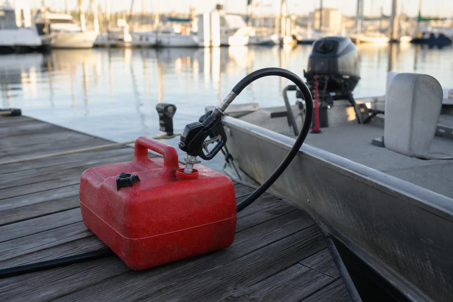 A red portable fuel tank being filled on a marina fuel dock beside a small aluminum boat.