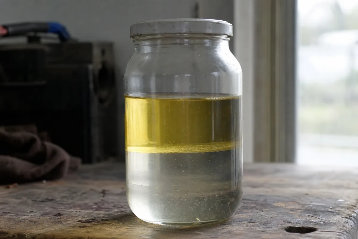 A glass jar of fuel showing phase separation, with a watery layer under the gasoline.