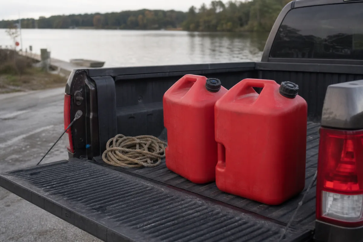 Two red portable fuel tanks in the bed of a pickup truck at a boat ramp.