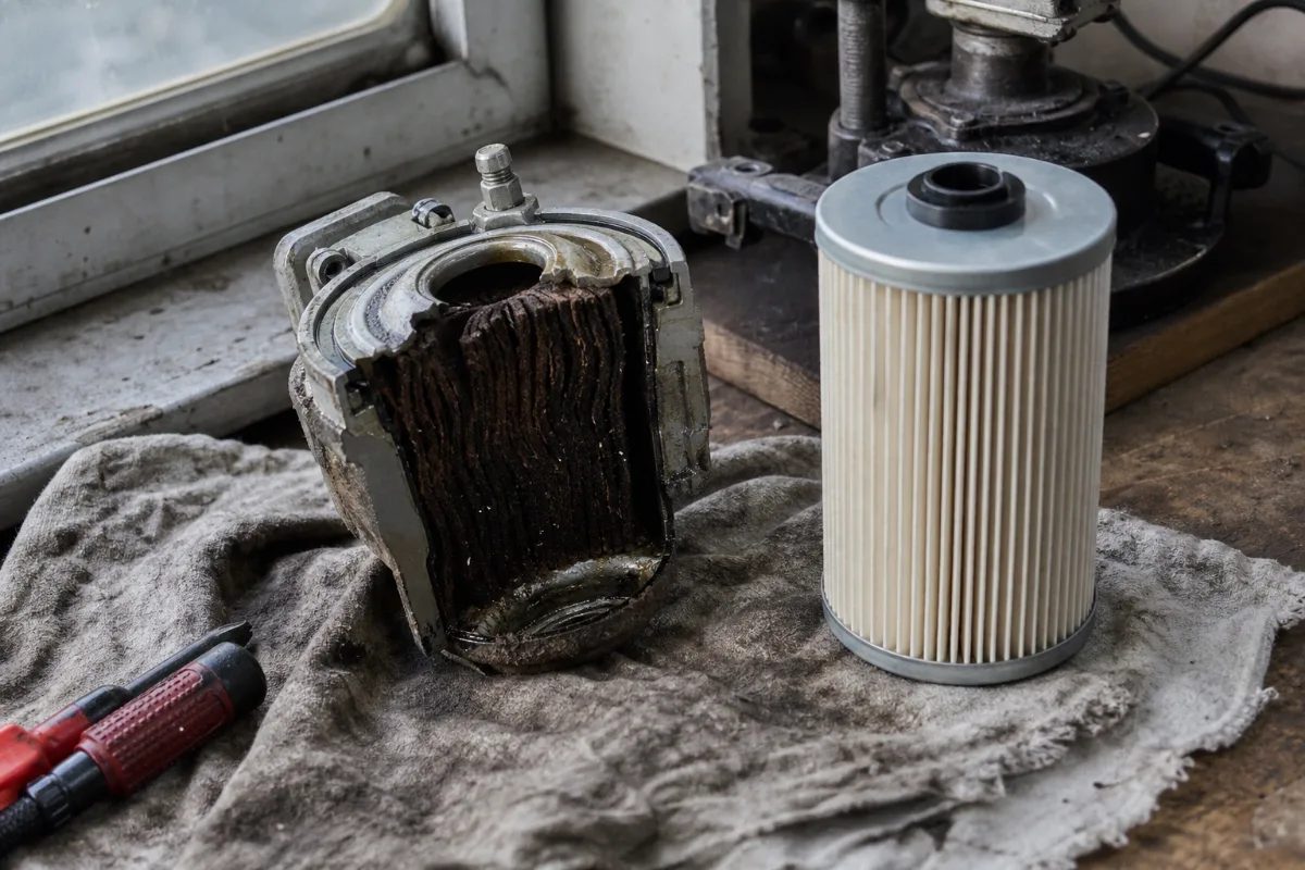 A clogged brown fuel filter element cut open beside a clean new filter on a workbench.