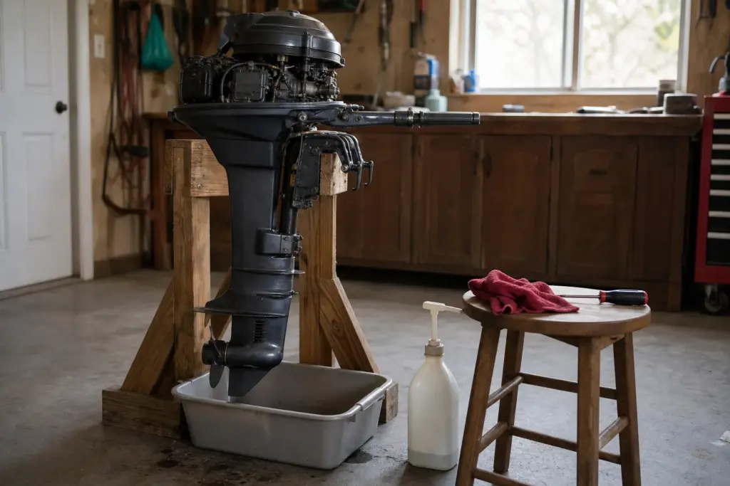 A small outboard on a wooden stand in a garage with a drain pan, a gear lube bottle and pump, and a screwdriver ready for a gear oil change.