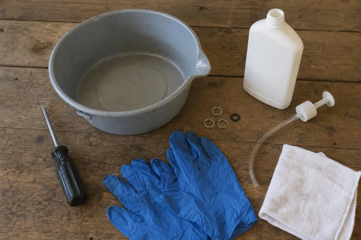 Tools for an outboard gear oil change laid out on a bench: screwdriver, drain pan, lube bottle with pump, new washers, gloves and a rag.