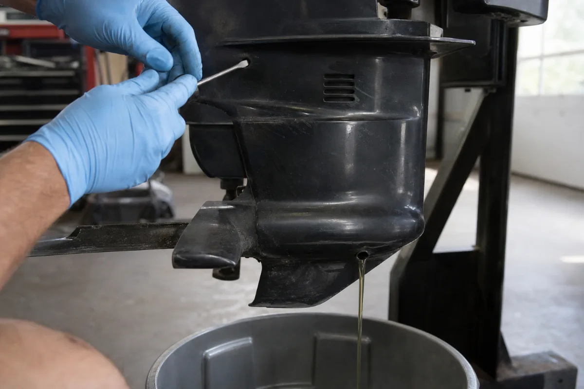 Gear oil draining in a steady stream from the bottom hole of an outboard gearcase after the vent screw is removed.