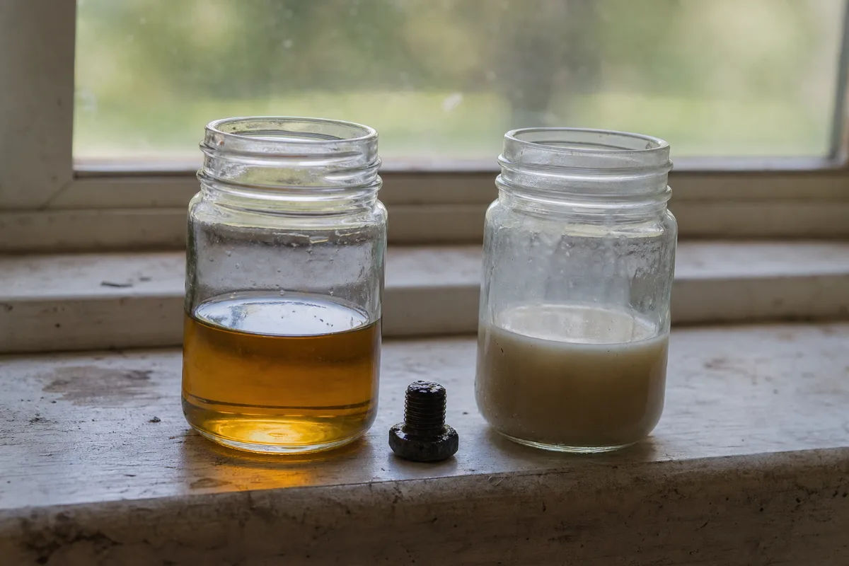 Two jars of drained gear oil side by side: clear amber oil on the left and milky tan oil with water in it on the right.