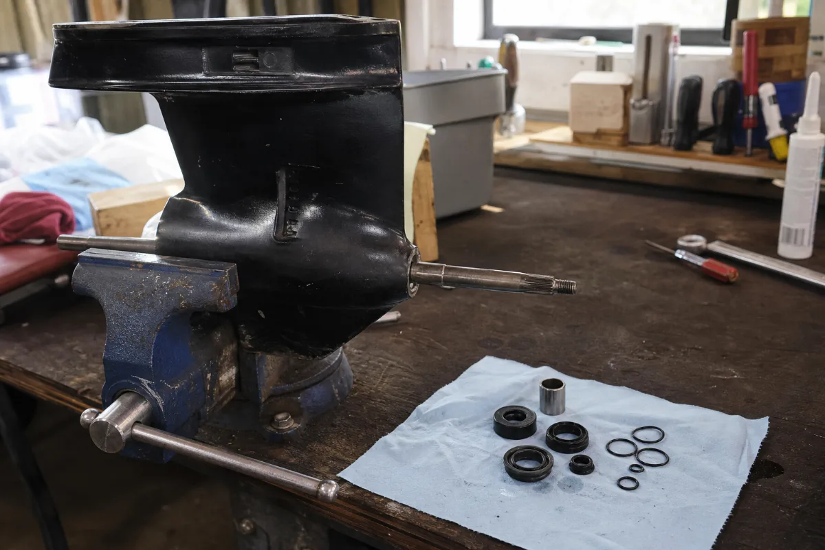 An outboard lower unit in a vise on a repair bench with its prop off and a set of new seals laid out beside it.