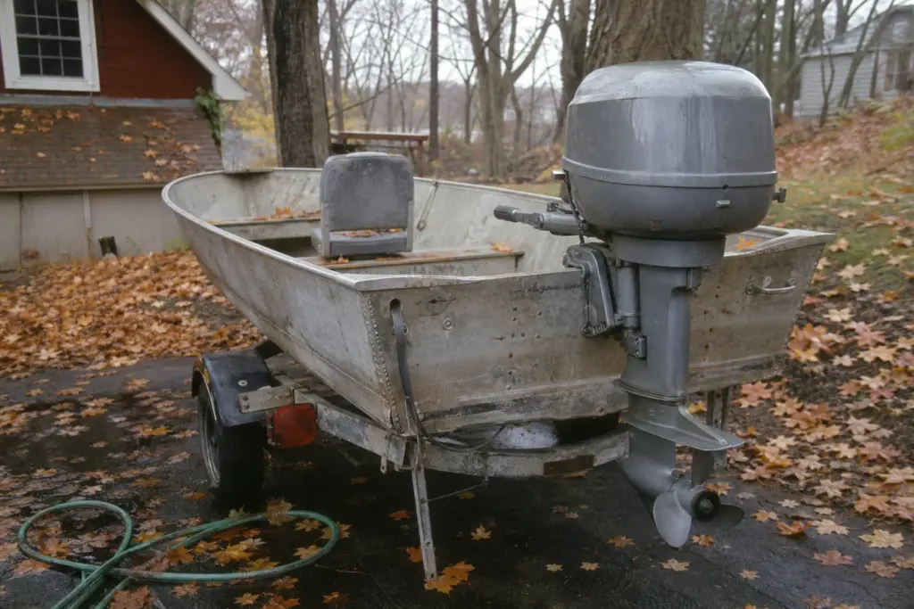 A small tiller outboard on an aluminum boat parked on its trailer in a leaf-covered driveway in autumn.