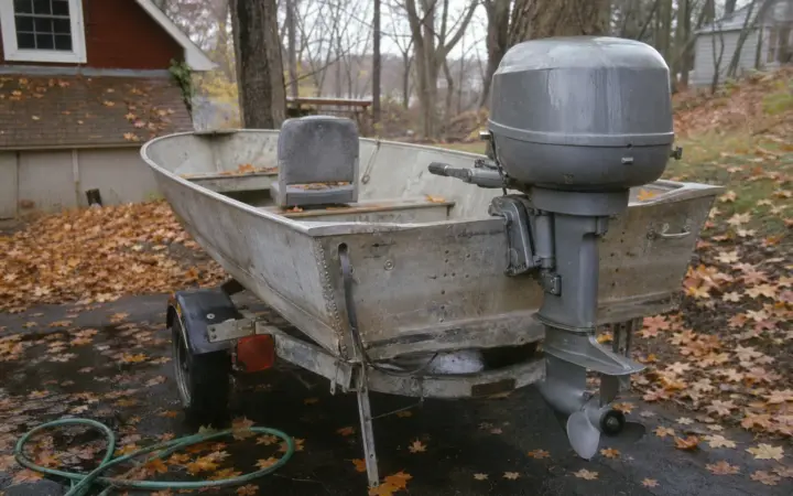 A small tiller outboard on an aluminum boat parked on its trailer in a leaf-covered driveway in autumn.
