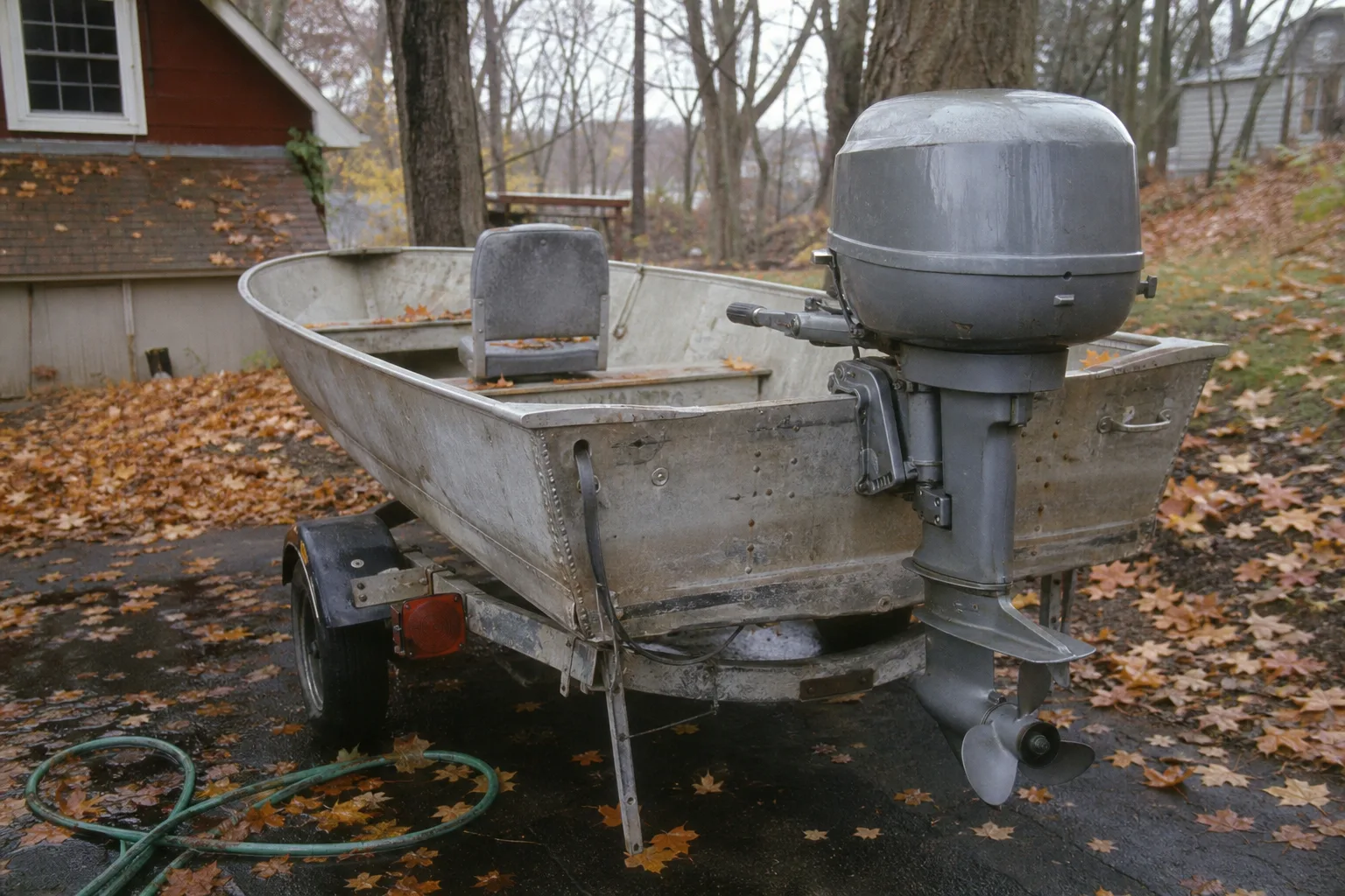 A small tiller outboard on an aluminum boat parked on its trailer in a leaf-covered driveway in autumn.