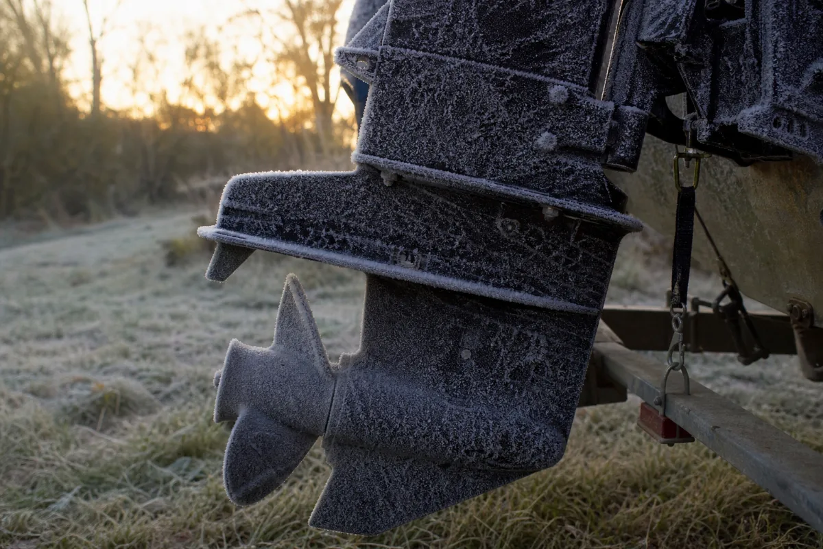 Frost covering the lower unit and skeg of a small outboard motor on a cold autumn morning.