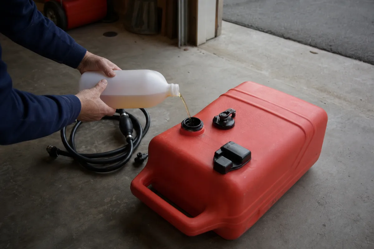 Fuel stabilizer being poured into a red portable boat fuel tank on a garage floor.