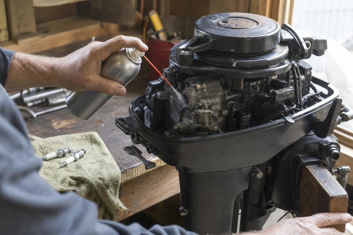 Fogging oil being sprayed into the carburetor of a small outboard with its cowling off, the spark plugs already out on a rag.