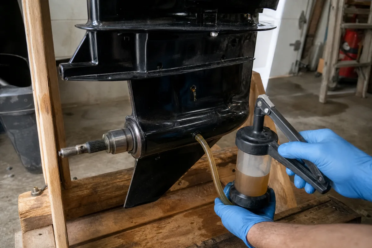 A hand pump feeding gear oil into the bottom hole of an outboard gearcase on a wooden stand.