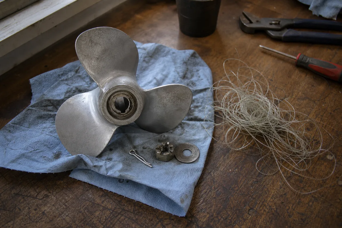 A removed outboard propeller on a rag beside its cotter pin, nut, washer and a tangle of fishing line from the shaft.