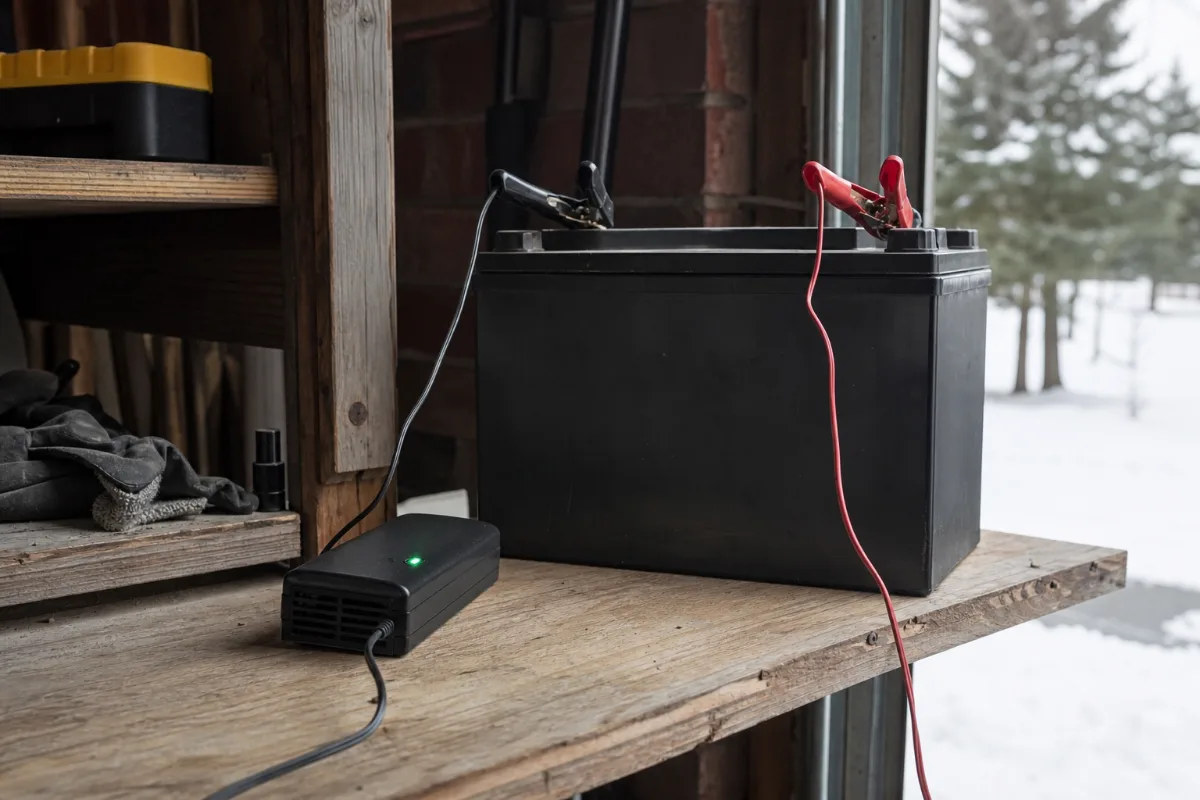 A deep cycle battery on a garage shelf connected to a small battery maintainer for winter storage.