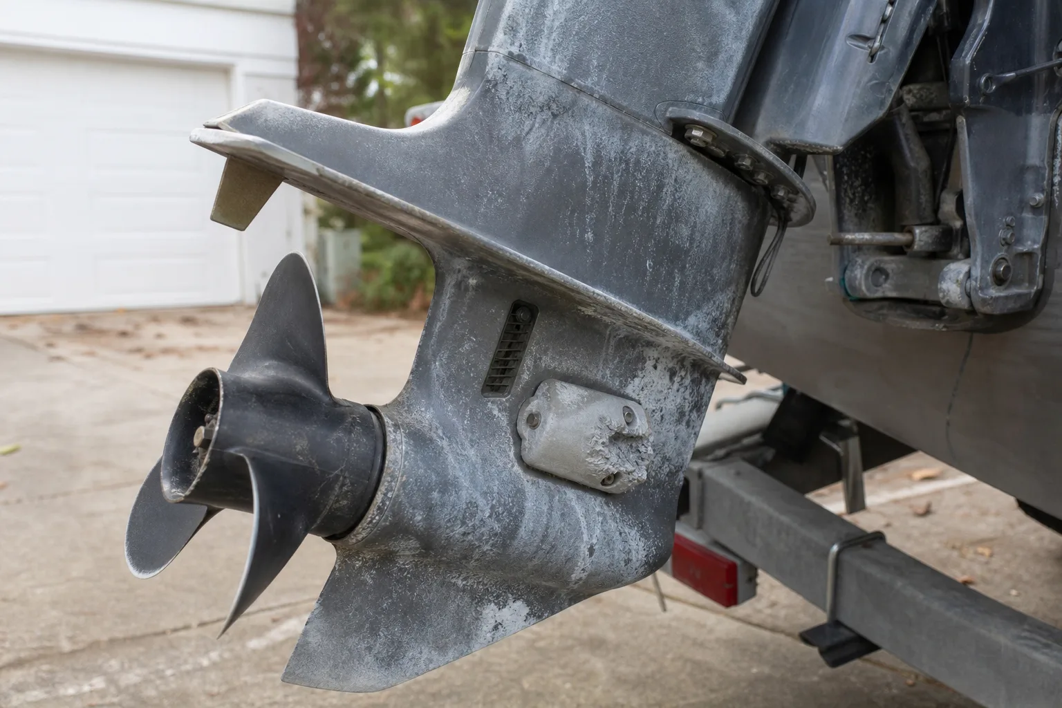 A heavily eroded sacrificial anode bolted to the lower unit of a small outboard motor.