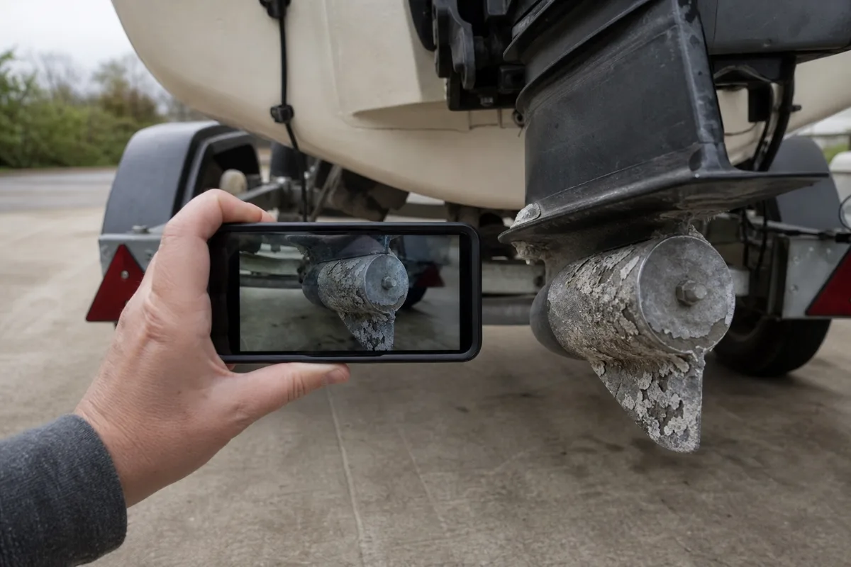 Someone photographing an anode on an outboard lower unit to compare it next season.
