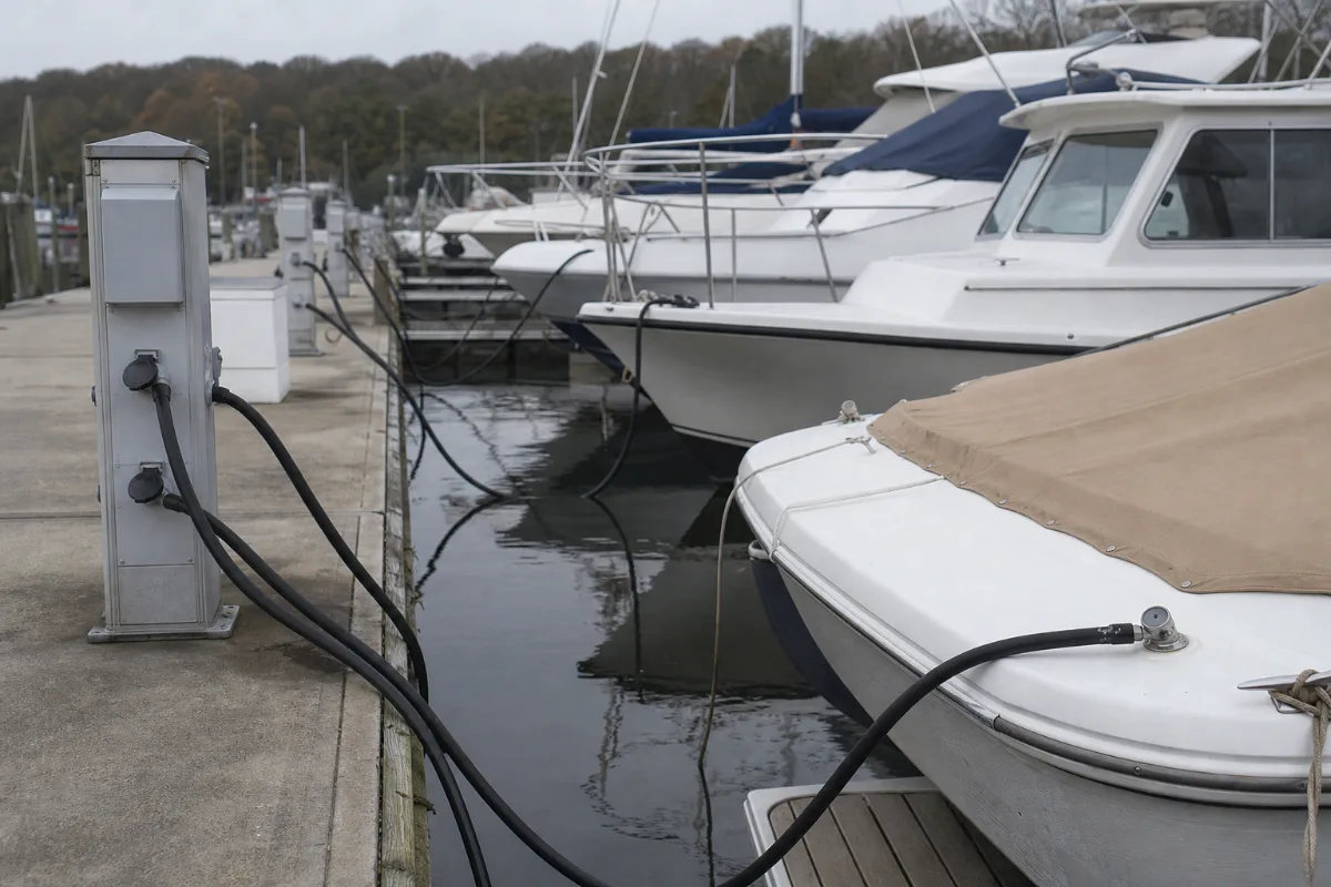Boats in marina slips with shore power cords running from a dock pedestal.