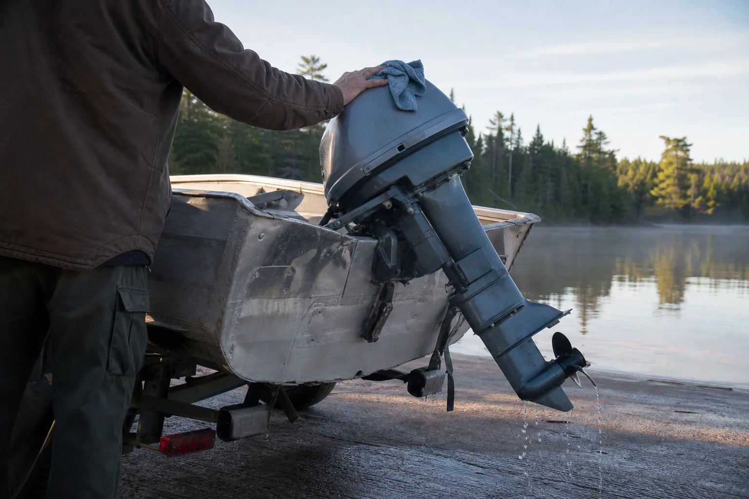 A small tiller outboard tilted up on the transom of an aluminum fishing boat at a lake boat ramp, water dripping from the propeller.