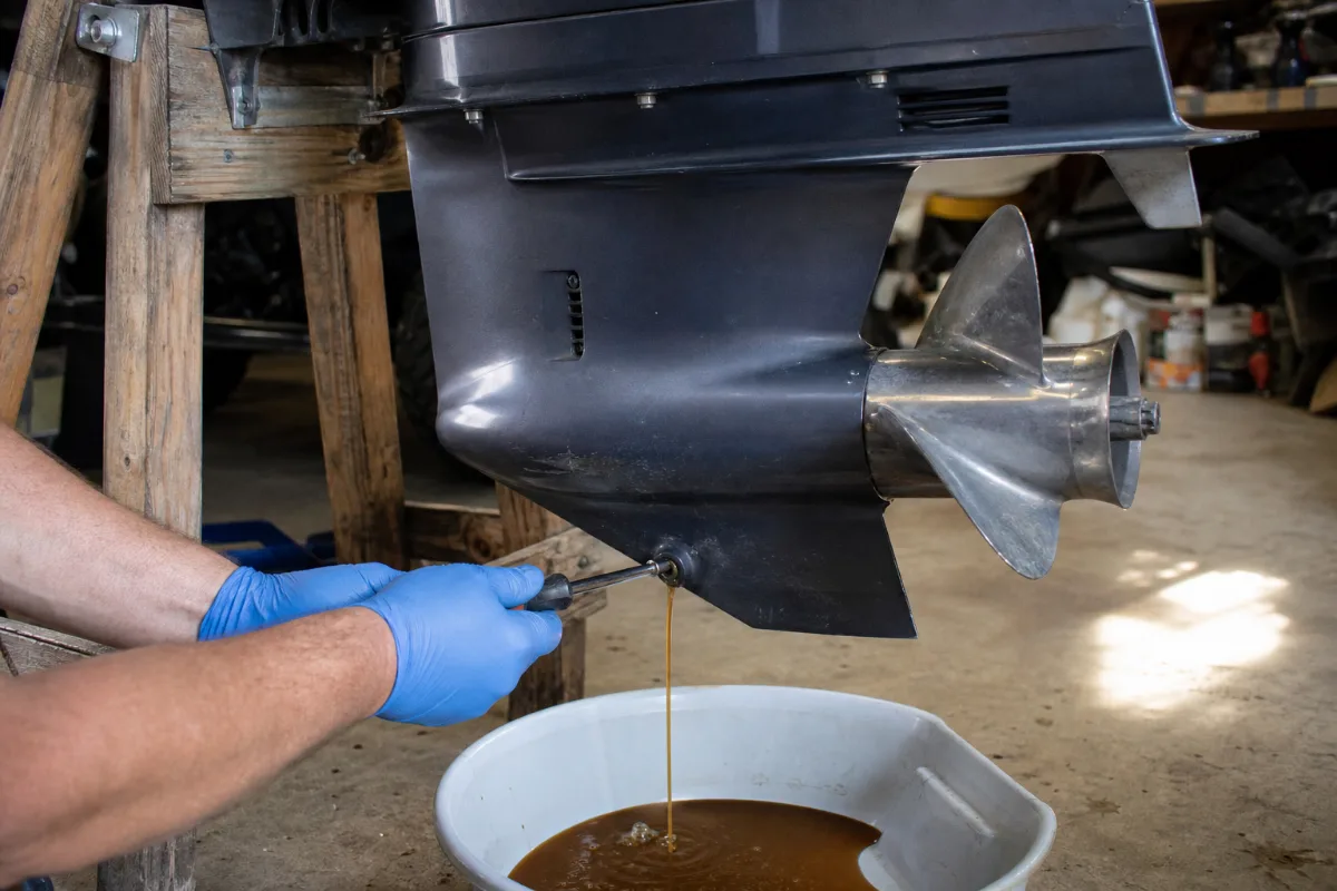 Gear oil draining from the bottom drain screw of an outboard gearcase into a clean white pan.