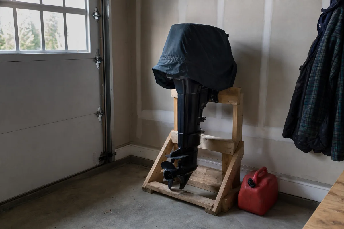 A small outboard motor stored upright on a wooden stand in a garage for winter, half covered.