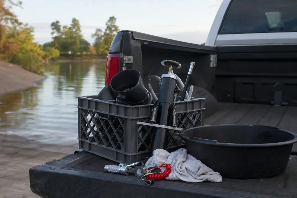 A milk crate of outboard maintenance tools on a truck tailgate: flush muffs, grease gun, plug socket and a spare lanyard.