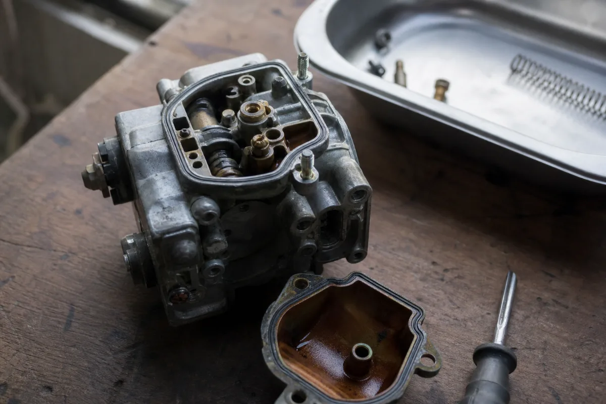 A small outboard carburettor on a bench with its float bowl off, showing brown varnish inside.