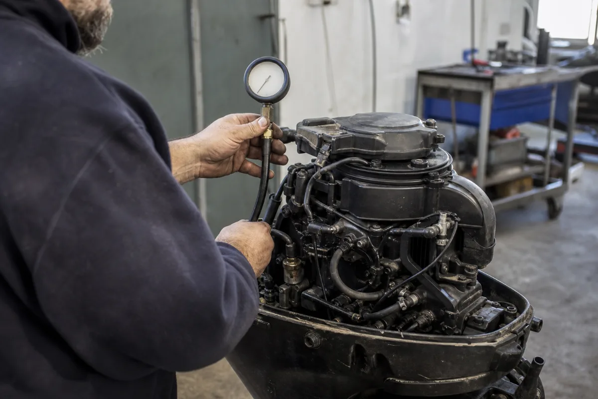 A mechanic running a compression test on a small outboard with the cowling removed.