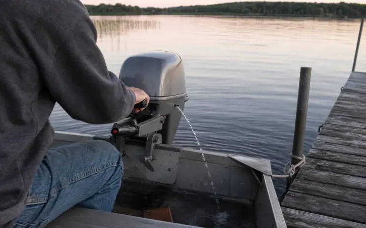 A small tiller outboard idling at a dock with a stream of cooling water arcing from its tell-tale hole.
