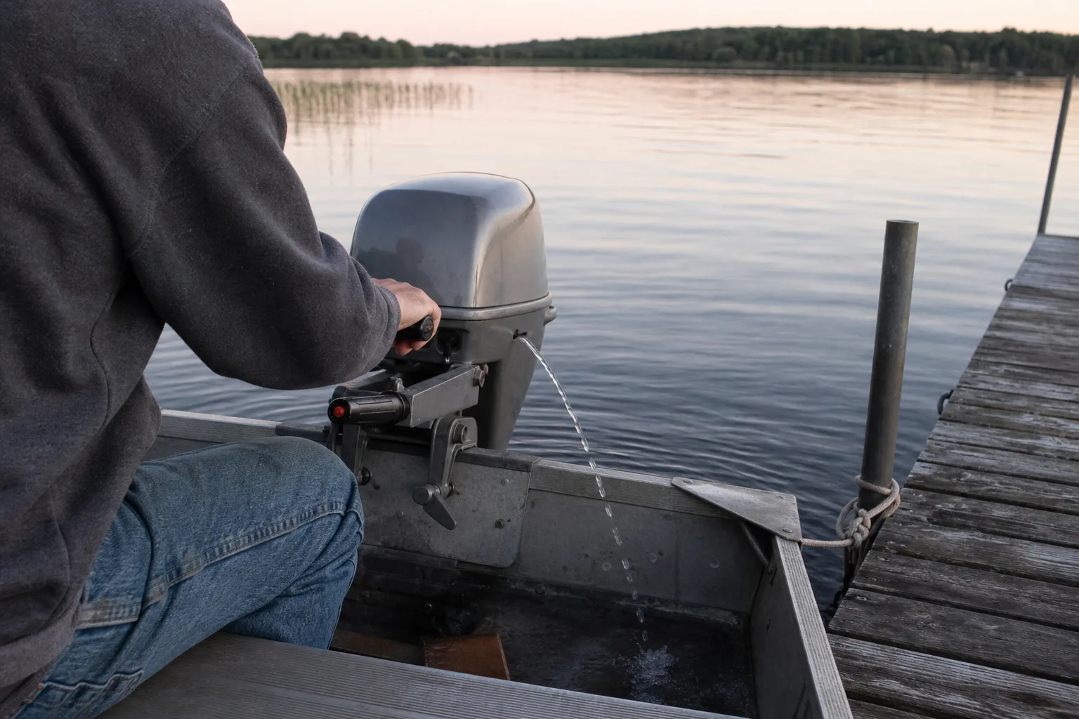 A small tiller outboard idling at a dock with a stream of cooling water arcing from its tell-tale hole.
