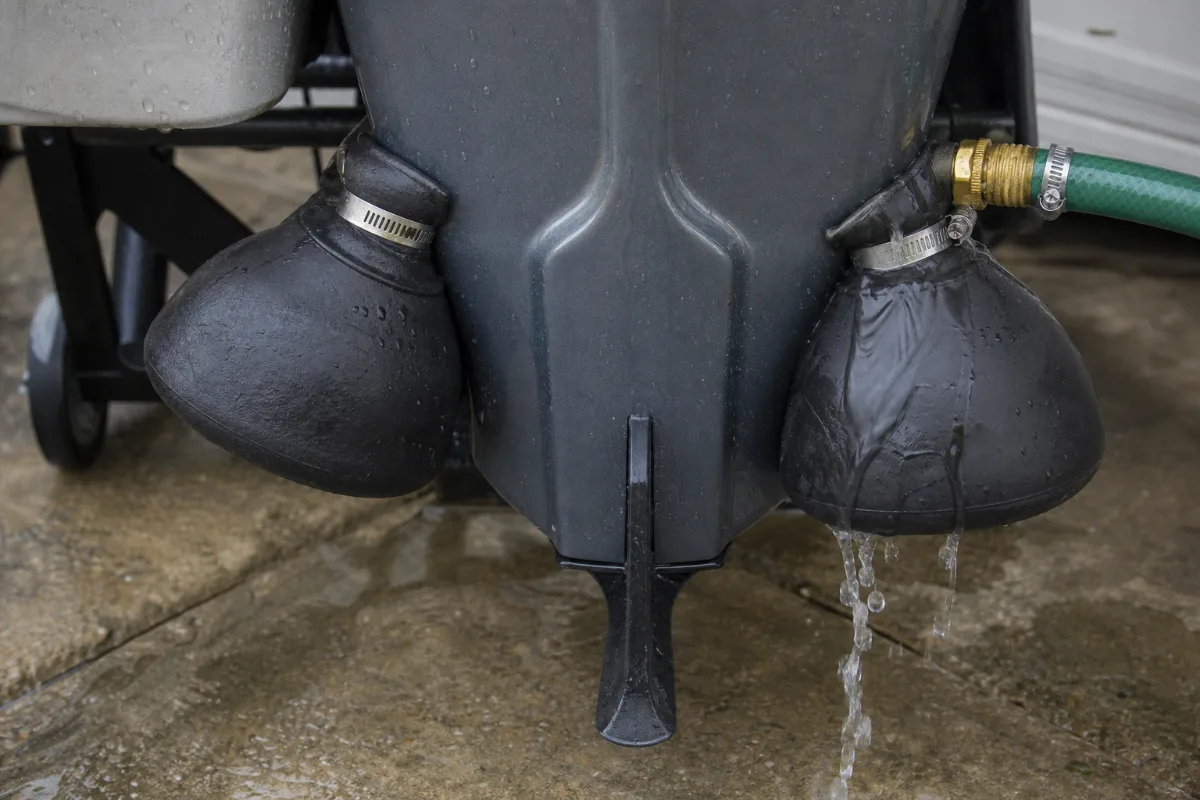 Flush muffs on an outboard lower unit with one cup sitting slightly high and leaking water around its edge.