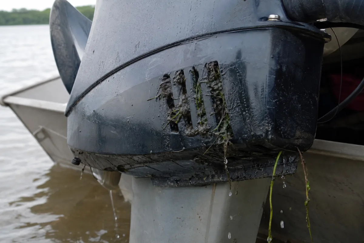 Lake weed and mud clogging the water intake slots on an outboard lower unit.