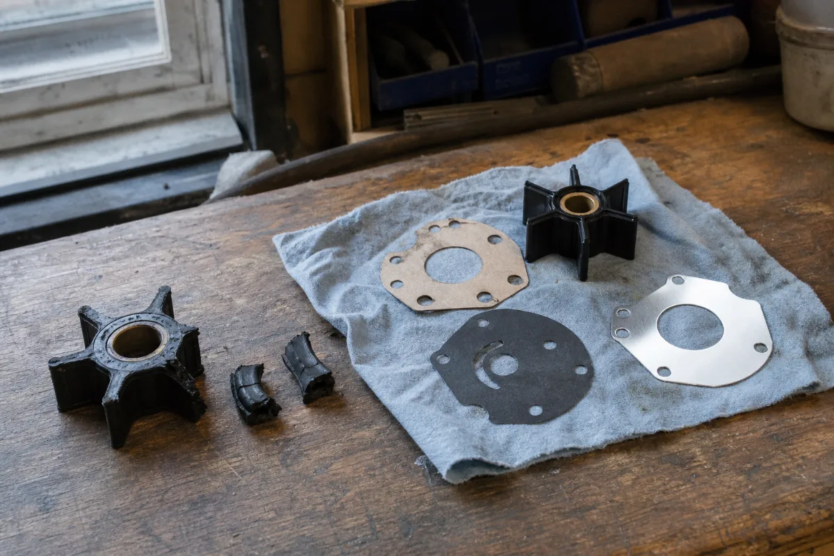A broken outboard impeller with torn-off vanes beside a new water pump kit with impeller, gaskets and wear plate.