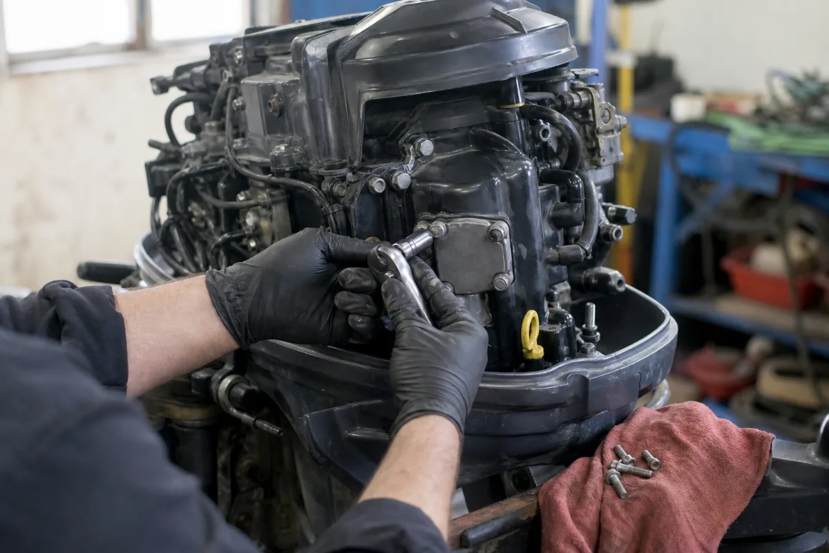 Gloved hands unbolting the thermostat cover on an outboard powerhead in a repair shop.