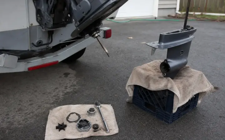 A small outboard with its lower unit removed and standing on a milk crate, with a new water pump kit laid out beside it.