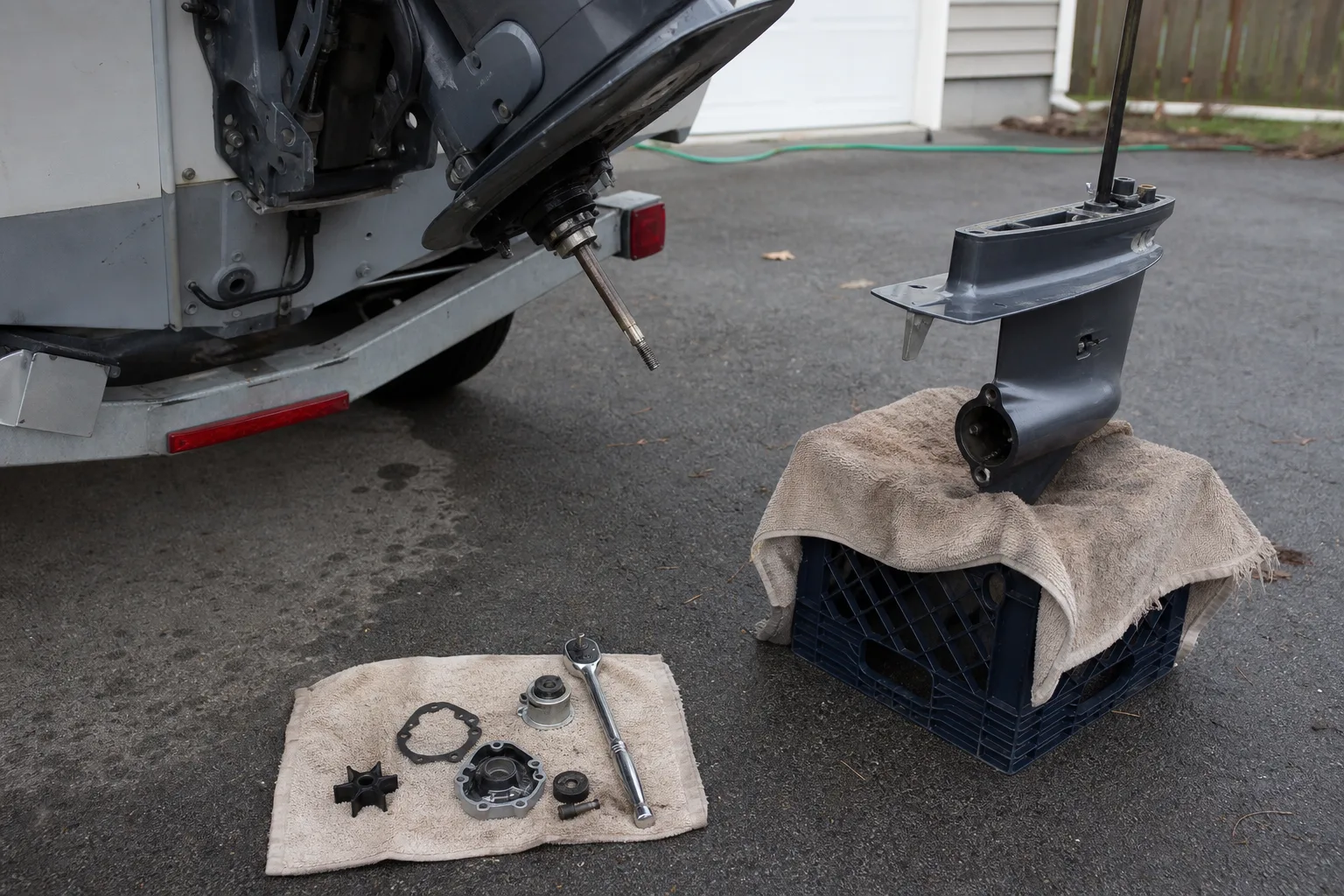 A small outboard with its lower unit removed and standing on a milk crate, with a new water pump kit laid out beside it.