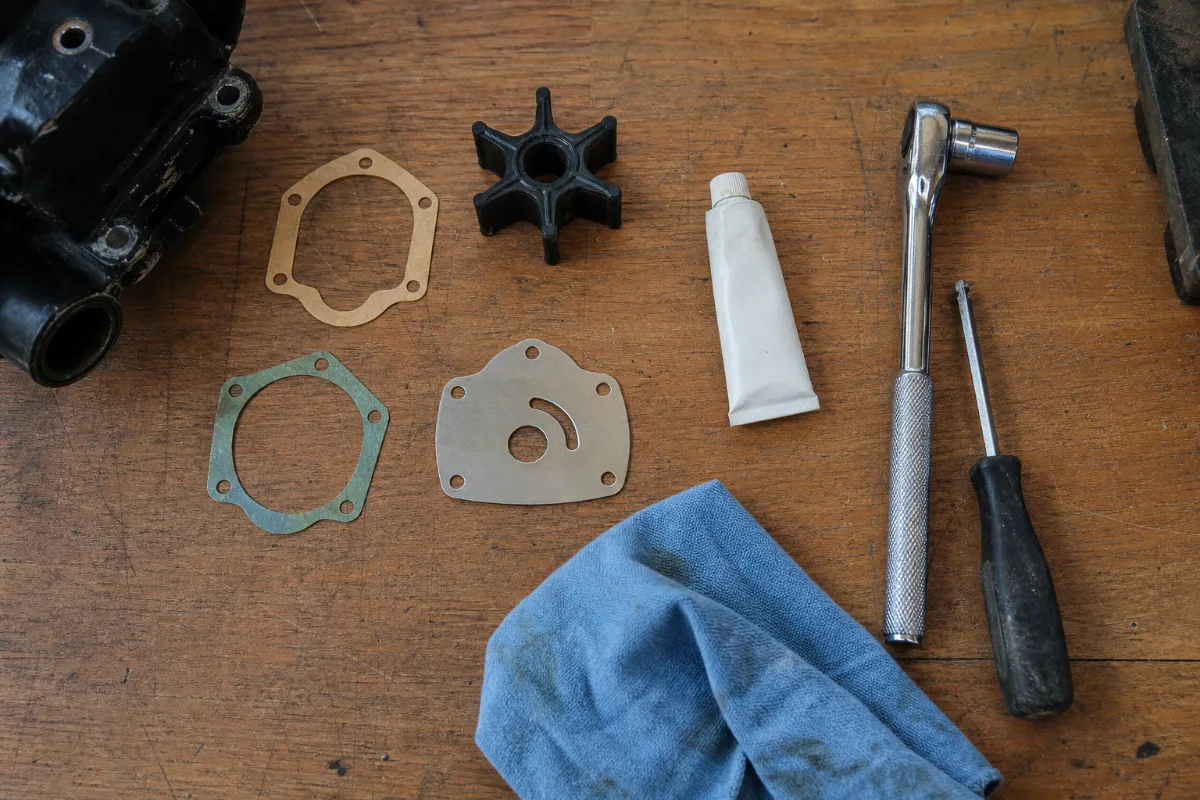 A new impeller, gaskets, wear plate, grease and tools laid out on a bench for a water pump job.