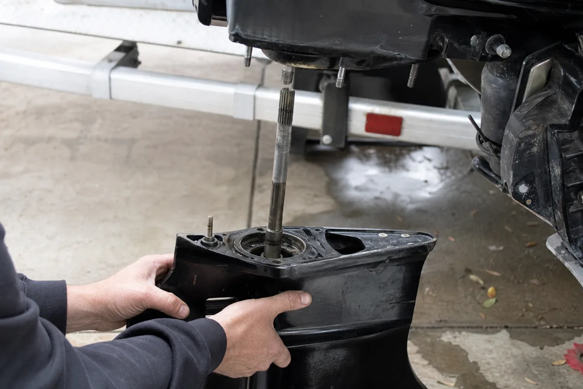 An outboard lower unit being lowered straight down, its splined driveshaft sliding clear of the midsection.