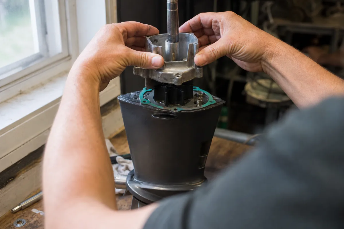 A pump housing being slid down over a new impeller on the driveshaft of an outboard lower unit.