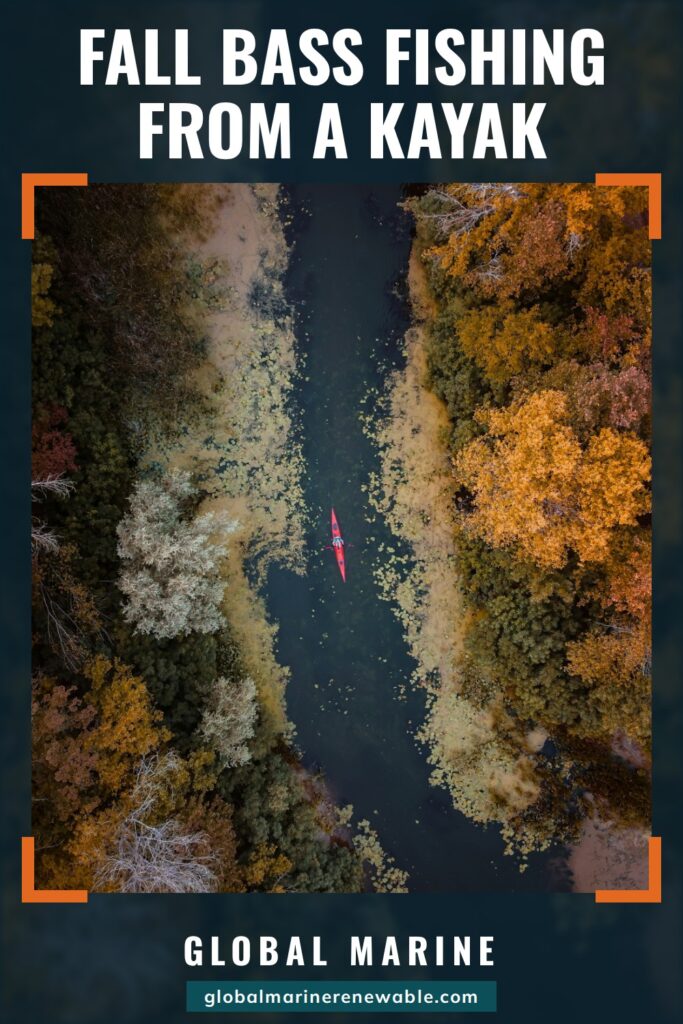Fall Bass Fishing From a Kayak: Aerial view of a red kayak in a narrow creek lined with fall trees and weeds