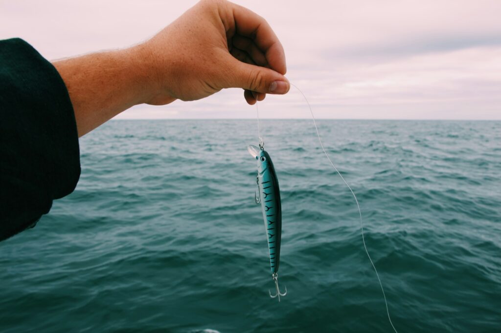 A hand holding up a minnow-shaped fishing lure on a line over open water